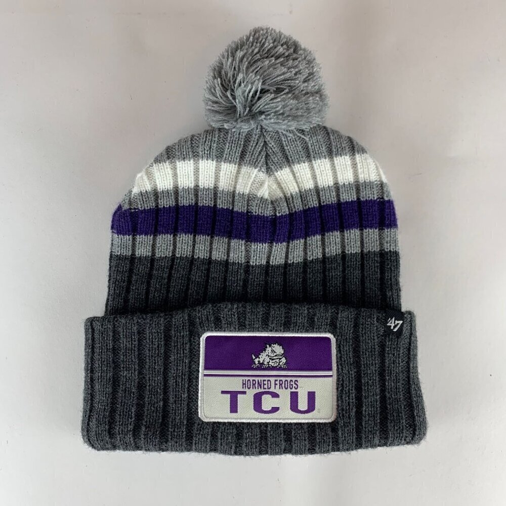 TCU Horned Frogs NCAA Gray Purple White 47 Brand Pom Knit Beanie Cap
